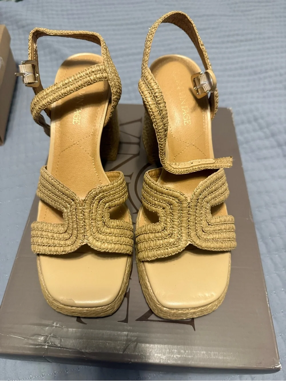 Woven Platform Heel Sandals in Tan